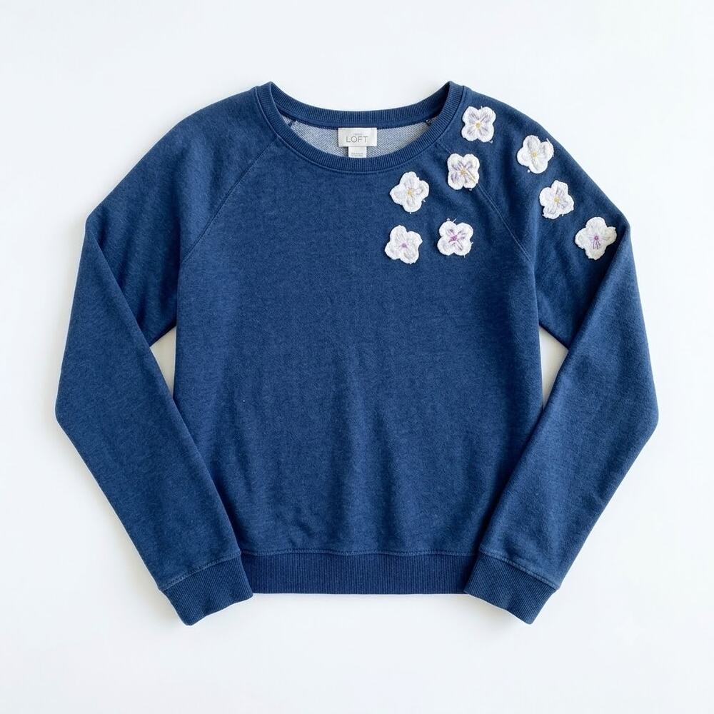 Levis Flower Applique Sweatshirt Blue French Terry Raglan Sleeve Womens Small